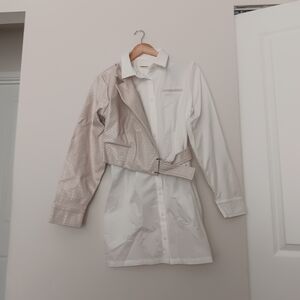 Maniere De Voir White and Tan Varsity Jacket